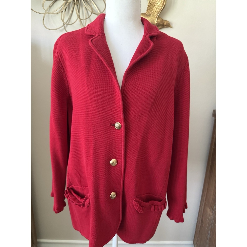 Talbots Woman Petites 2XP Red Knit Blazer Jacket Gold Button Career Chic